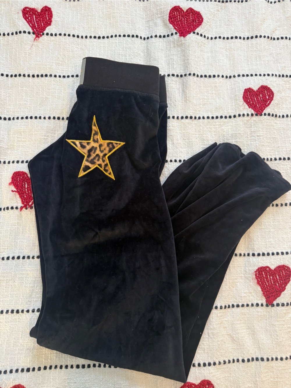 Black Velour Leggings with Leopard Star Patch